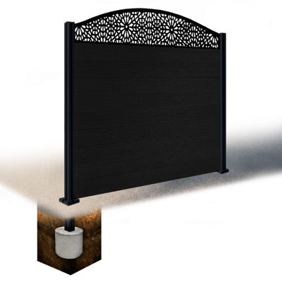 Easycomposite 5Ft Composite Fence Panel & Aluminium Post Sunken In GroundBlack Boards & Morocco Curved Topper Trellis