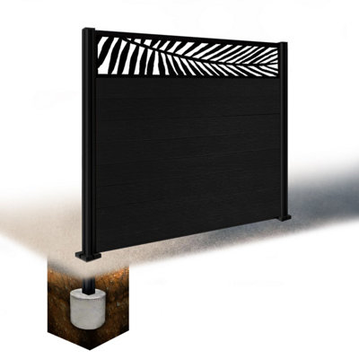 Easycomposite 5Ft Composite Fence Panel & Aluminium Post Sunken In GroundBlack Boards & Palm Topper Trellis