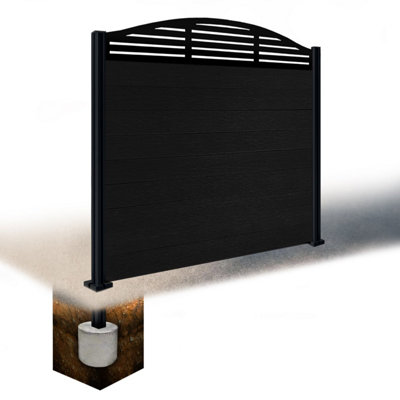 Easycomposite 5Ft Composite Fence Panel & Aluminium Post Sunken In GroundBlack Boards & Slat Curved Topper Trellis