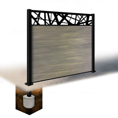 Easycomposite 5Ft Composite Fence Panel & Aluminium Post Sunken In GroundGreige Boards & Laser Topper Trellis