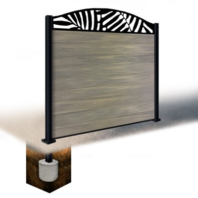 Easycomposite 5Ft Composite Fence Panel & Aluminium Post Sunken In GroundGreige Boards & Leafy Curved Topper Trellis