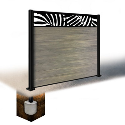 Easycomposite 5Ft Composite Fence Panel & Aluminium Post Sunken In GroundGreige Boards & Leafy Topper Trellis