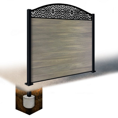 Easycomposite 5Ft Composite Fence Panel & Aluminium Post Sunken In GroundGreige Boards & Morocco Curved Topper Trellis