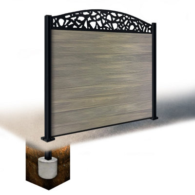 Easycomposite 5Ft Composite Fence Panel & Aluminium Post Sunken In GroundGreige Boards & Pebble Curved Topper Trellis