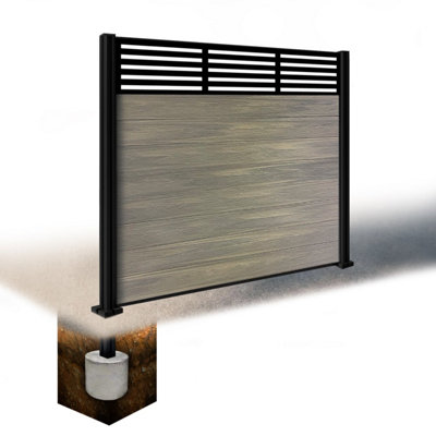 Easycomposite 5Ft Composite Fence Panel & Aluminium Post Sunken In GroundGreige Boards & Slat Topper Trellis