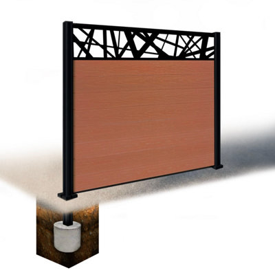 Easycomposite 5Ft Composite Fence Panel & Aluminium Post Sunken In GroundTeak Boards & Laser Topper Trellis