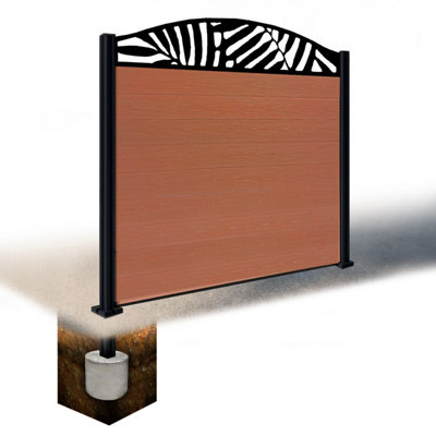 Easycomposite 5Ft Composite Fence Panel & Aluminium Post Sunken In GroundTeak Boards & Leafy Curved Topper Trellis