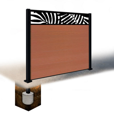 Easycomposite 5Ft Composite Fence Panel & Aluminium Post Sunken In GroundTeak Boards & Leafy Topper Trellis