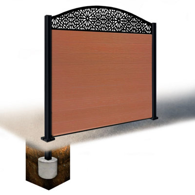 Easycomposite 5Ft Composite Fence Panel & Aluminium Post Sunken In GroundTeak Boards & Morocco Curved Topper Trellis