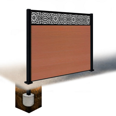 Easycomposite 5Ft Composite Fence Panel & Aluminium Post Sunken In GroundTeak Boards & Morocco Topper Trellis