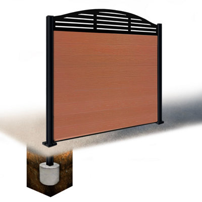 Easycomposite 5Ft Composite Fence Panel & Aluminium Post Sunken In GroundTeak Boards & Slat Curved Topper Trellis
