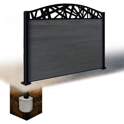Easycomposite 4Ft Composite Fence Panel & Aluminium Post Sunken In GroundAnthracite Boards & Laser Curved Topper Trellis