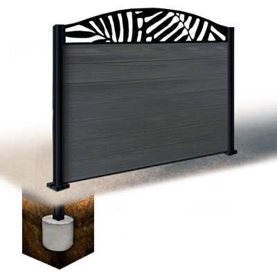 Easycomposite 4Ft Composite Fence Panel & Aluminium Post Sunken In GroundAnthracite Boards & Leafy Curved Topper Trellis