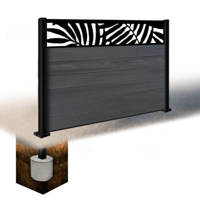 Easycomposite 4Ft Composite Fence Panel & Aluminium Post Sunken In GroundAnthracite Boards & Leafy Topper Trellis