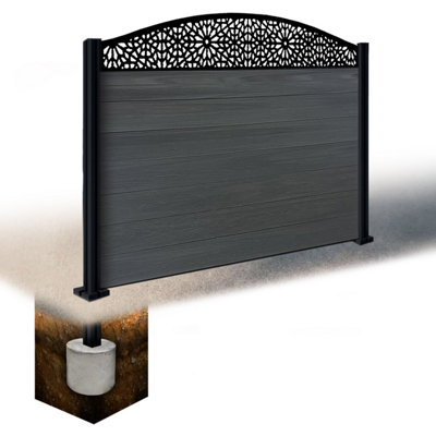Easycomposite 4Ft Composite Fence Panel & Aluminium Post Sunken In GroundAnthracite Boards & Morocco Curved Topper Trellis