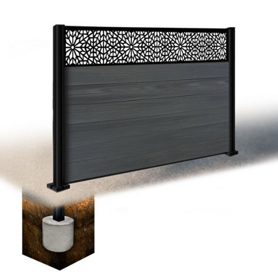 Easycomposite 4Ft Composite Fence Panel & Aluminium Post Sunken In GroundAnthracite Boards & Morocco Topper Trellis