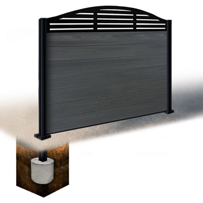 Easycomposite 4Ft Composite Fence Panel & Aluminium Post Sunken In GroundAnthracite Boards & Slat Curved Topper Trellis
