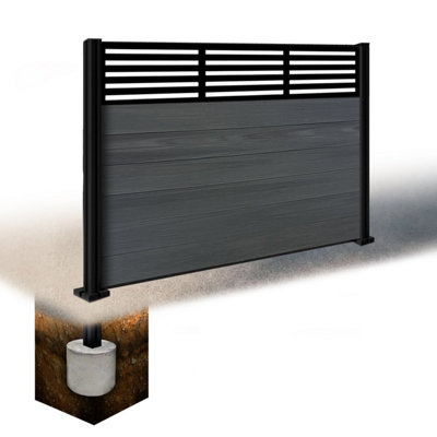 Easycomposite 4Ft Composite Fence Panel & Aluminium Post Sunken In GroundAnthracite Boards & Slat Topper Trellis