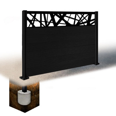 Easycomposite 4Ft Composite Fence Panel & Aluminium Post Sunken In GroundBlack Boards & Laser Topper Trellis