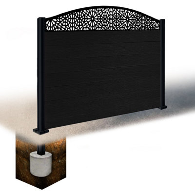 Easycomposite 4Ft Composite Fence Panel & Aluminium Post Sunken In GroundBlack Boards & Morocco Curved Topper Trellis