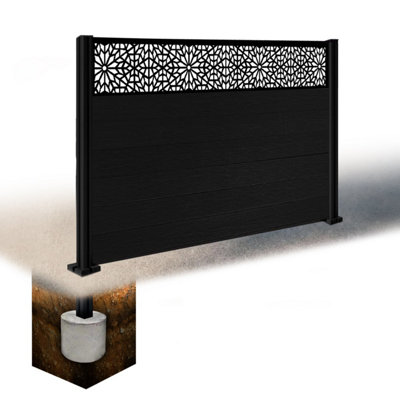 Easycomposite 4Ft Composite Fence Panel & Aluminium Post Sunken In GroundBlack Boards & Morocco Topper Trellis
