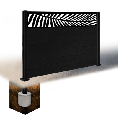Easycomposite 4Ft Composite Fence Panel & Aluminium Post Sunken In GroundBlack Boards & Palm Topper Trellis