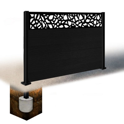 Easycomposite 4Ft Composite Fence Panel & Aluminium Post Sunken In GroundBlack Boards & Pebble Topper Trellis