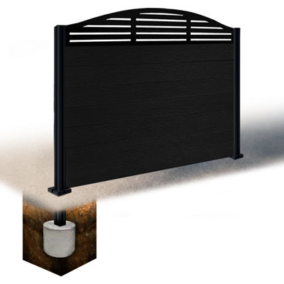 Easycomposite 4Ft Composite Fence Panel & Aluminium Post Sunken In GroundBlack Boards & Slat Curved Topper Trellis