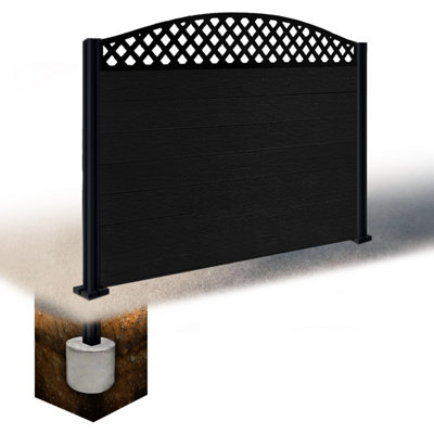 Easycomposite 4Ft Composite Fence Panel & Aluminium Post Sunken In GroundBlack Boards & Wave Curved Topper Trellis