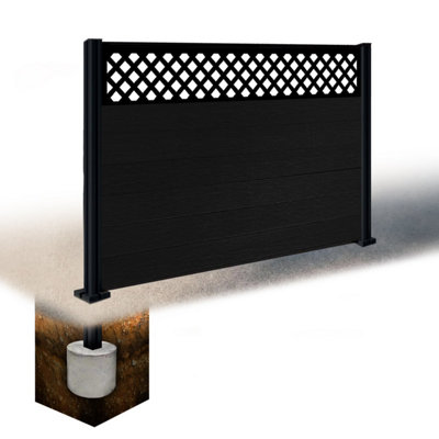 Easycomposite 4Ft Composite Fence Panel & Aluminium Post Sunken In GroundBlack Boards & Wave Topper Trellis