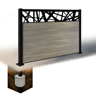 Easycomposite 4Ft Composite Fence Panel & Aluminium Post Sunken In GroundGreige Boards & Laser Topper Trellis