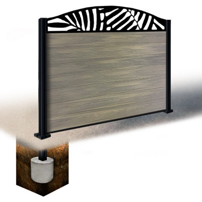 Easycomposite 4Ft Composite Fence Panel & Aluminium Post Sunken In GroundGreige Boards & Leafy Curved Topper Trellis