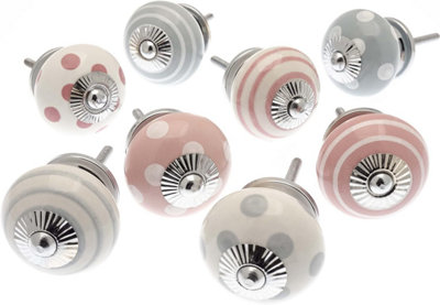 Cupboard Knobs Ceramic Set Of 8 Whisper GreyPale Pink And White Spots And Stripes By Mango Tree