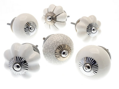 Mango Tree Cupboard Knobs Decorative Whites And Crackle Finish Round And Flower Shaped Ceramic Door And Drawer Handles Set Of 6