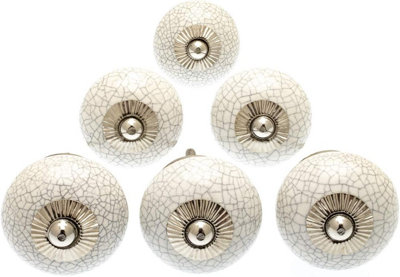 Cupboard Knobs Decorative White Crackle Effect Ceramic Door And Drawer Handles Vintage Home Décor Set Of 6 By Mango Tree