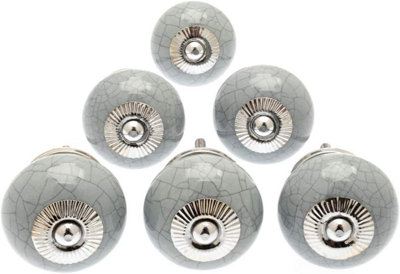 Cupboard Knobs Decorative Grey Crackle Effect Ceramic Door And Drawer Handles Vintage Home Décor Set Of 6 By Mango Tree