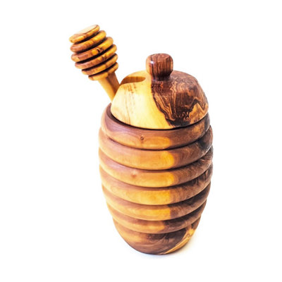 B&Q -  Olive Wood Natural Grained Rustic Kitchen Dining Honey Drizzler & Pot W/ Lid (H) 12Cm