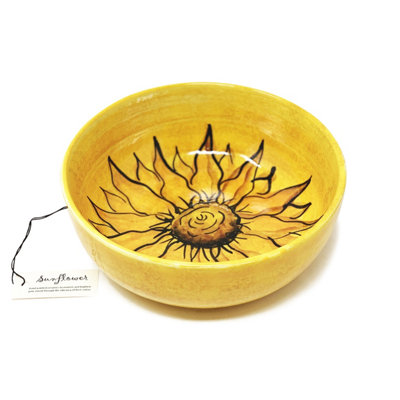 Verano Spanish Ceramics Yellow Sunflower Hand Painted Ceramic Kitchen Dining Round Bowl (Diam) 23Cm