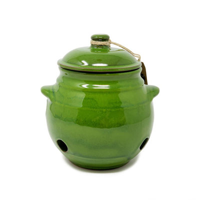 B&Q -  Selena Glazed Hand Dipped Kitchen Dining Garlic Jar With Lid Dark Green (H) 15Cm