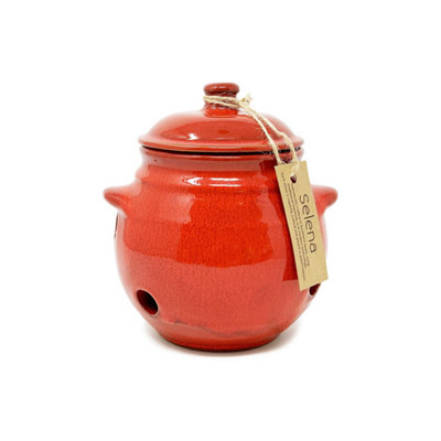 Verano Spanish Ceramics Red Selena Glazed Hand Dipped Kitchen Dining Garlic Jar With Lid (H) 15Cm