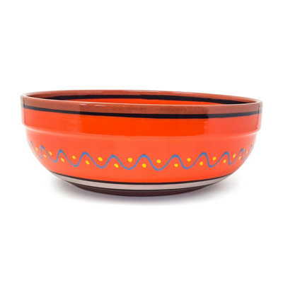Verano Spanish Ceramics Fiesta Hand Painted Pattern Ceramic Kitchen Dining Deep Salad Bowl (Diam) 26Cm Orange