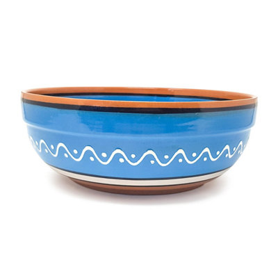 Verano Spanish Ceramics Blue Fiesta Hand Painted Pattern Ceramic Kitchen Dining Deep Salad Bowl (Diam) 26Cm