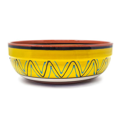 Verano Spanish Ceramics Yellow Fiesta Hand Painted Pattern Ceramic Kitchen Dining Deep Salad Bowl (Diam) 26Cm
