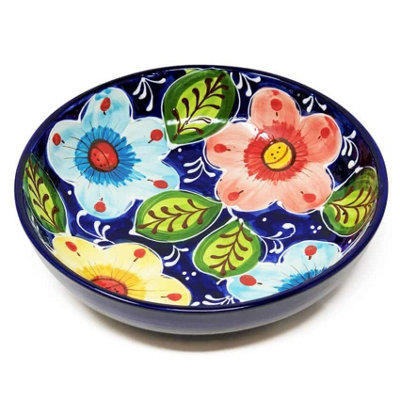 Verano Spanish Ceramics Classic Spanish Hand Painted Pattern Kitchen Dining Shallow Bowl 23Cm Pink Flower from B&Q