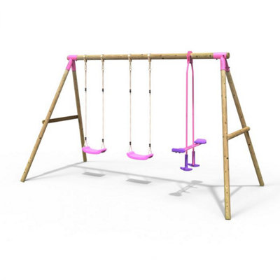 Rebo Wooden Garden Swing Set With 2 Standard Swings And Glider For Kids- Neptune Pink from B&Q