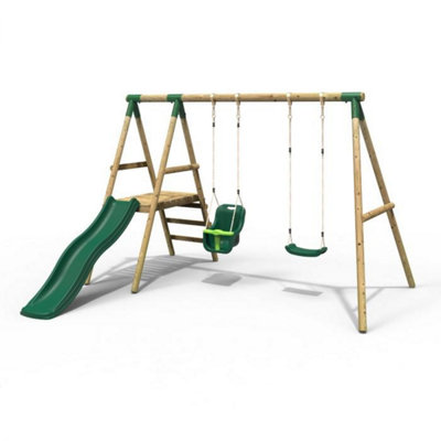B&Q -  Odyssey Wooden Garden Swing Set With Standard SeatBaby SeatPlatform And Slide For KidsGreen