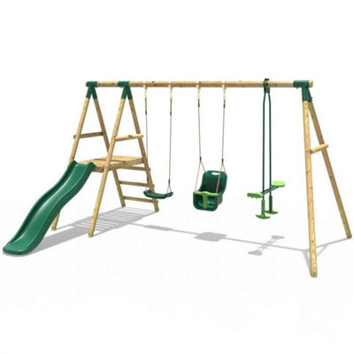 B&Q -  Voyager Wooden Garden Swing Set With Standard SeatBaby SeatGliderPlatform And Slide For KidsGreen