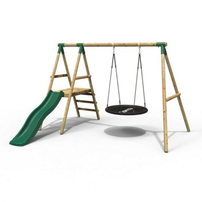B&Q -  Rosetta Wooden Garden Swing Set With Platform And Slide For Kids- Green