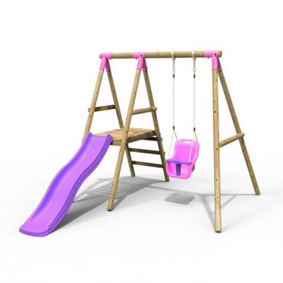Rebo Cassini Wooden Garden Swing Set With Baby SwingPlatform And Slide For KidsPink from B&Q