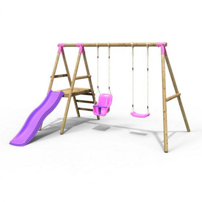 B&Q -  Odyssey Wooden Garden Swing Set With Standard SeatBaby SeatPlatform And Slide For KidsPink